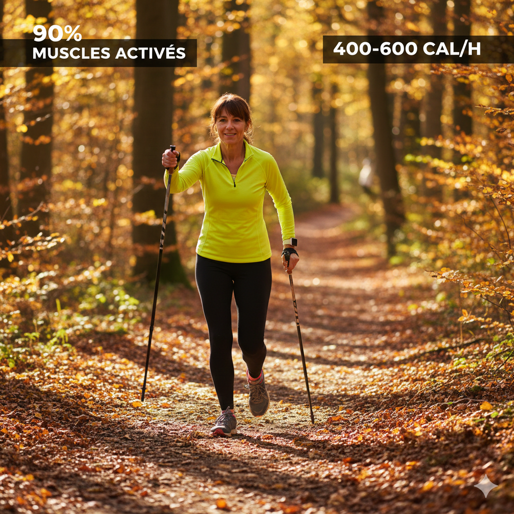 Femme pratiquant la marche nordique avec bâtons en forêt pour perdre du poids efficacement