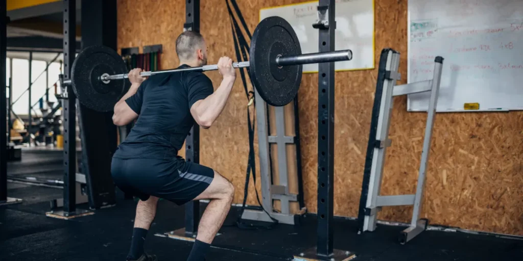 Homme faisant des squats avec une barre — entraînement de musculation au poids du corps