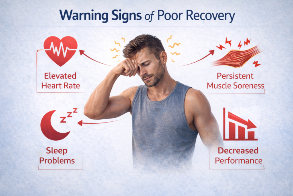 Infographie des signes de mauvaise récupération : fatigue, courbatures, baisse de performance