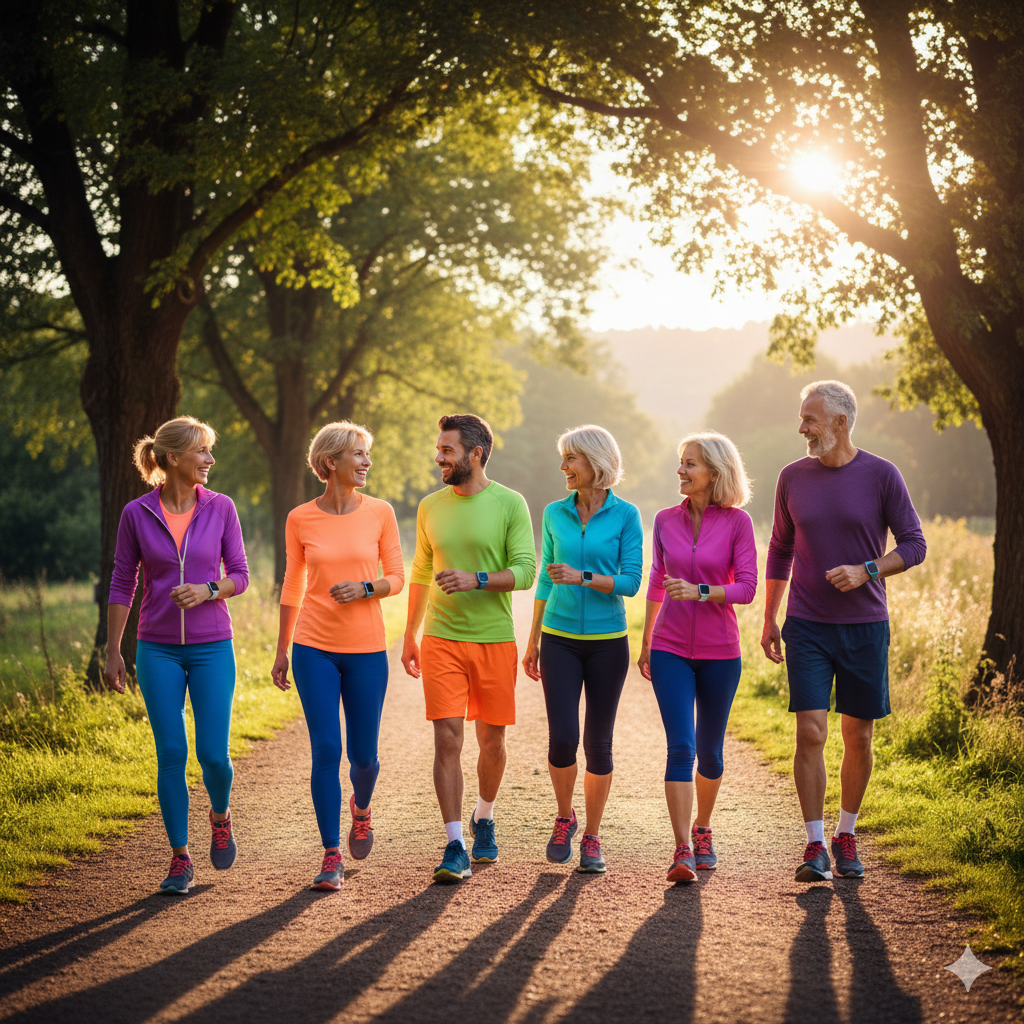 Groupe de personnes marchant ensemble pour perdre du poids sur un chemin de nature