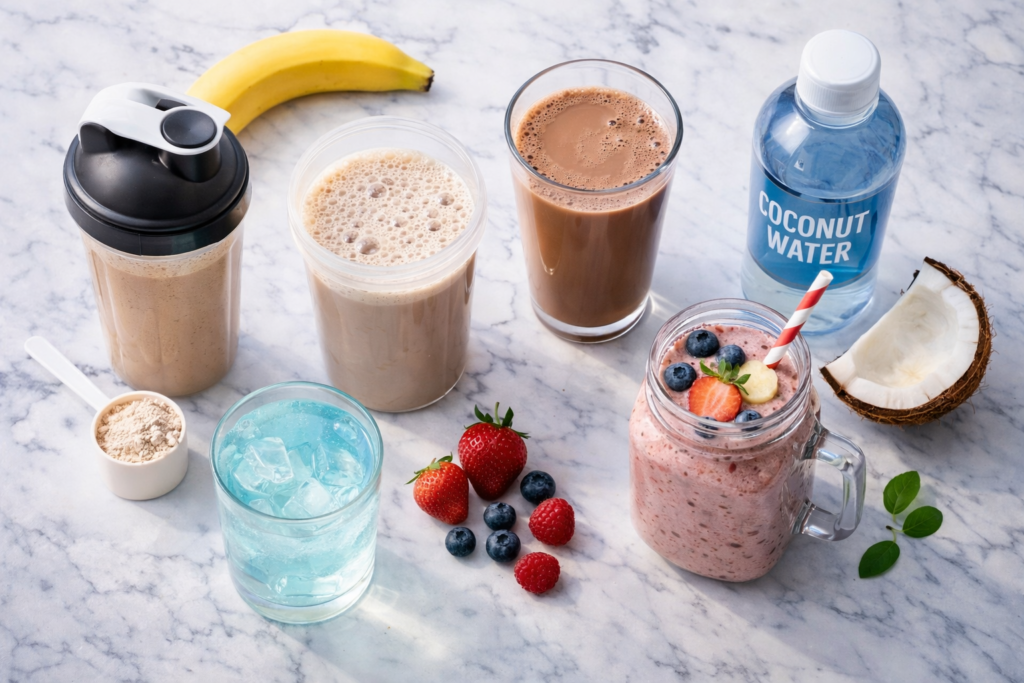 Variété de boissons de récupération : shake protéiné, lait chocolaté, eau de coco et smoothie