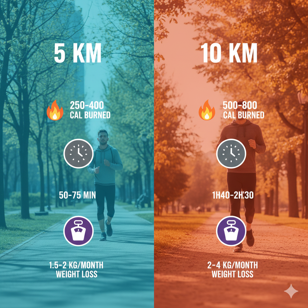 Comparaison perte de poids entre marcher 5 km et 10 km par jour avec résultats attendus