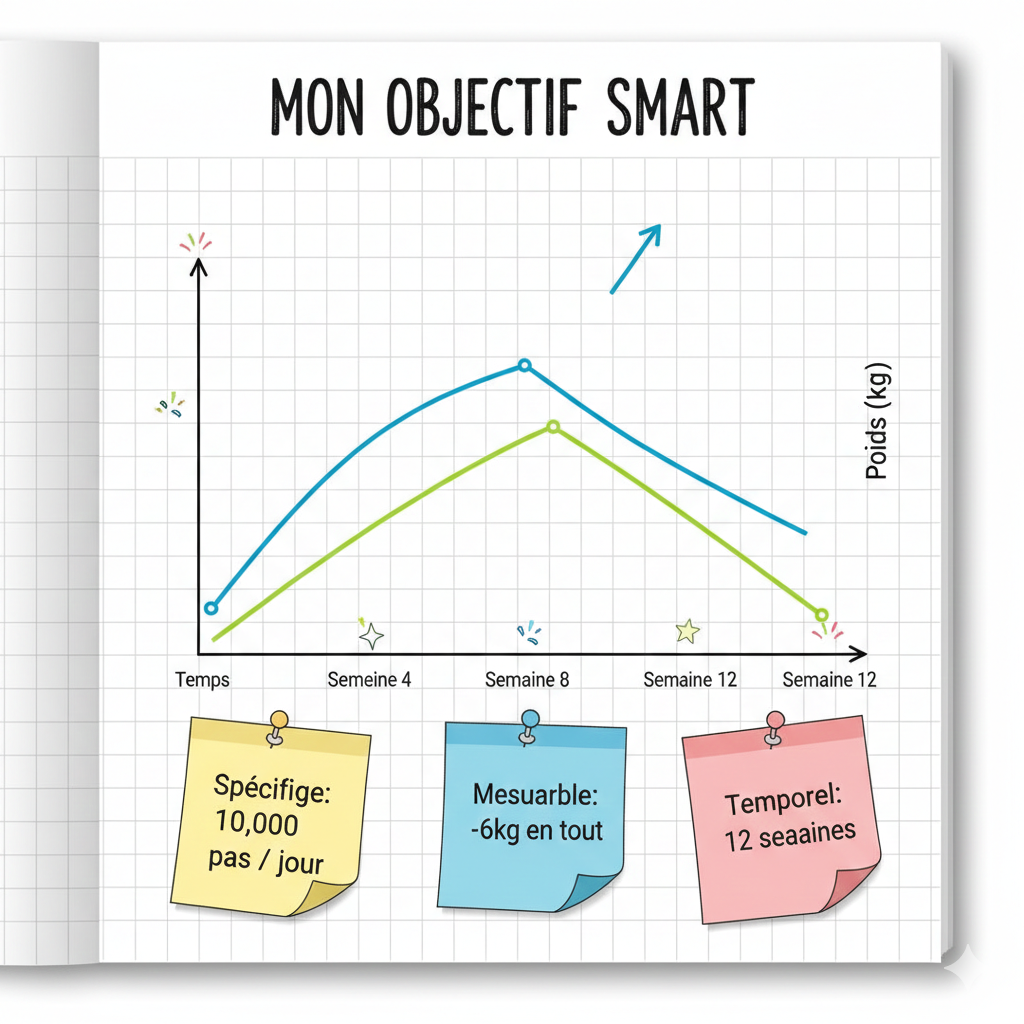 Graphique de progression d'objectifs SMART de perte de poids avec marche sur 12 semaines