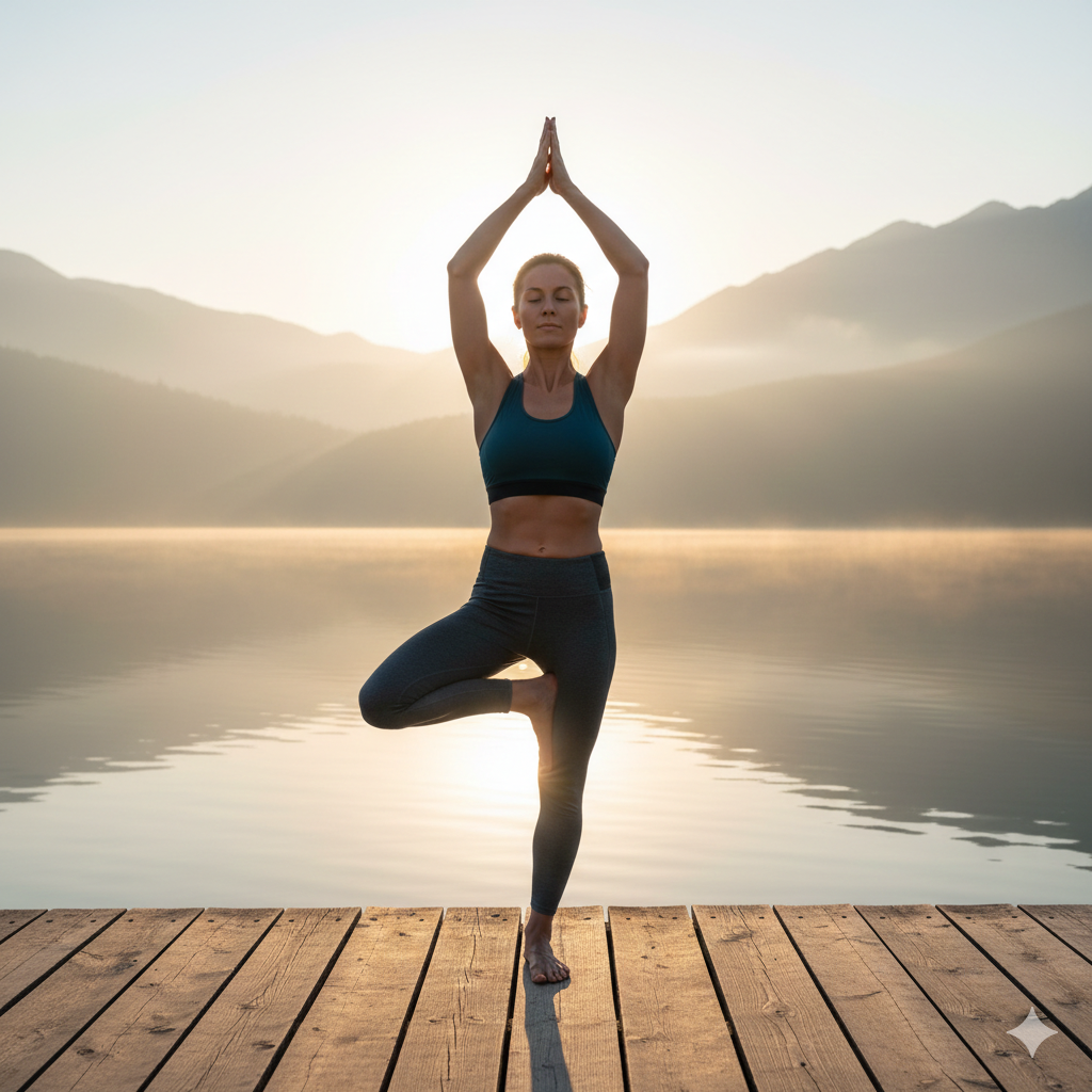 Femme pratiquant la pose de l'arbre yoga pour développer l'équilibre et la concentration en pleine nature