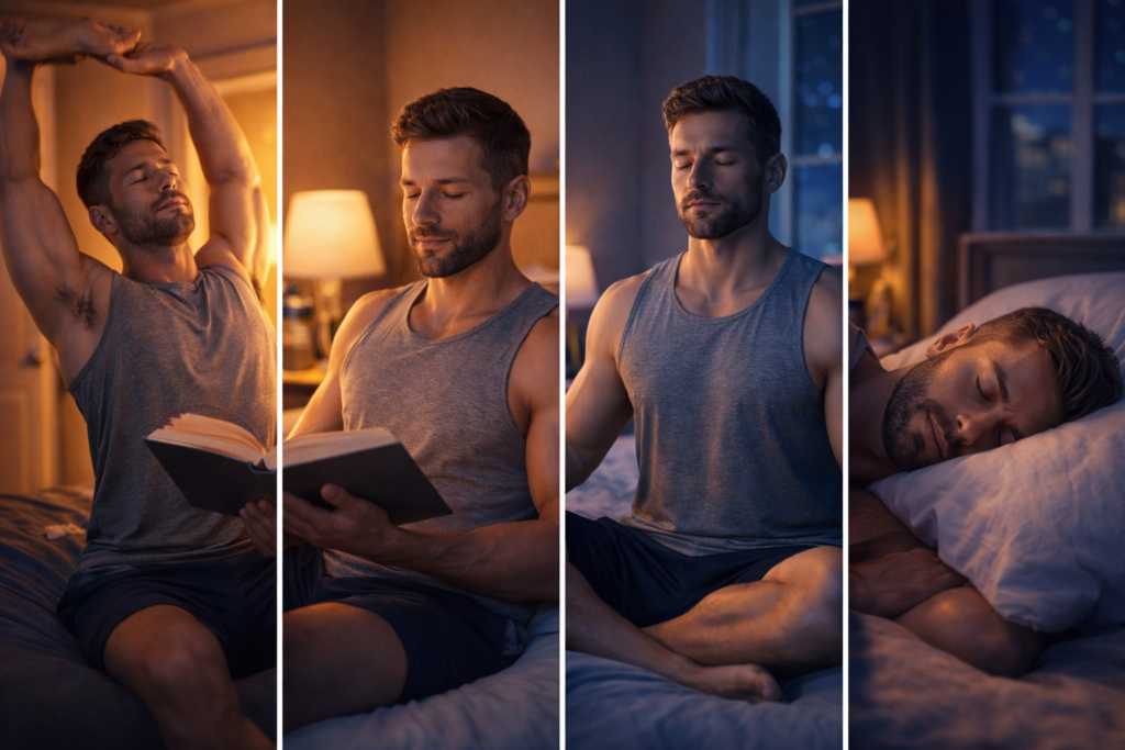 Séquence de routine pré-sommeil d'un athlète : étirements, lecture, méditation et sommeil
