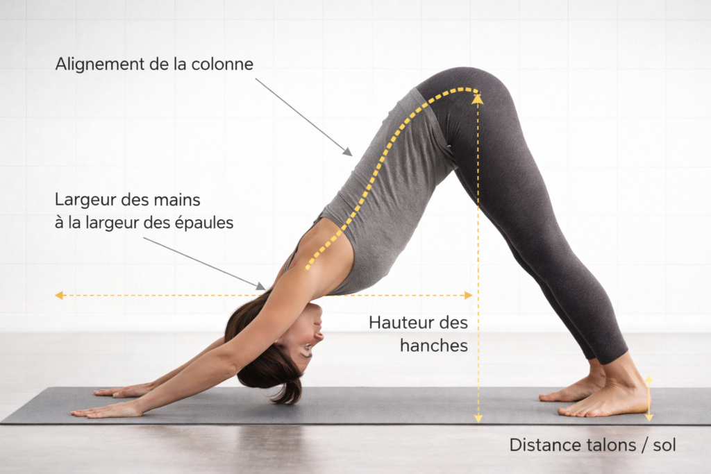 Position correcte du chien tête en bas en yoga avec indicateurs d'alignement pour étirement complet