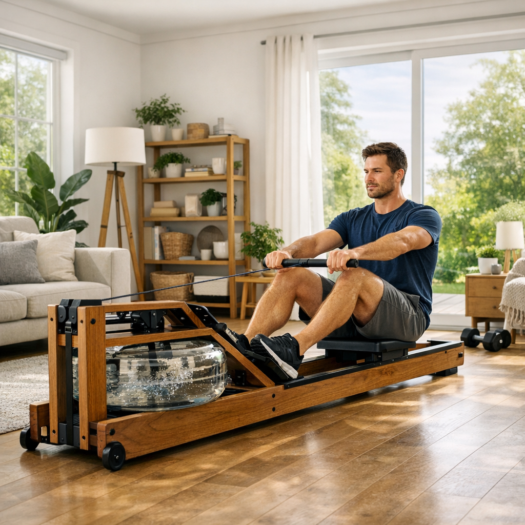 Homme sur rameur à eau en bois dans salon moderne — comparatif rameur eau vs magnétique 2026