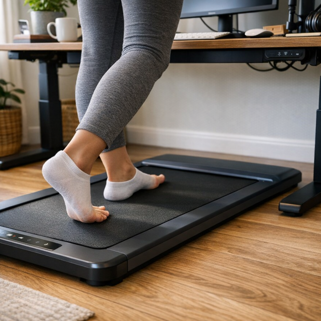 Personne utilisant walking pad bureau debout télétravail