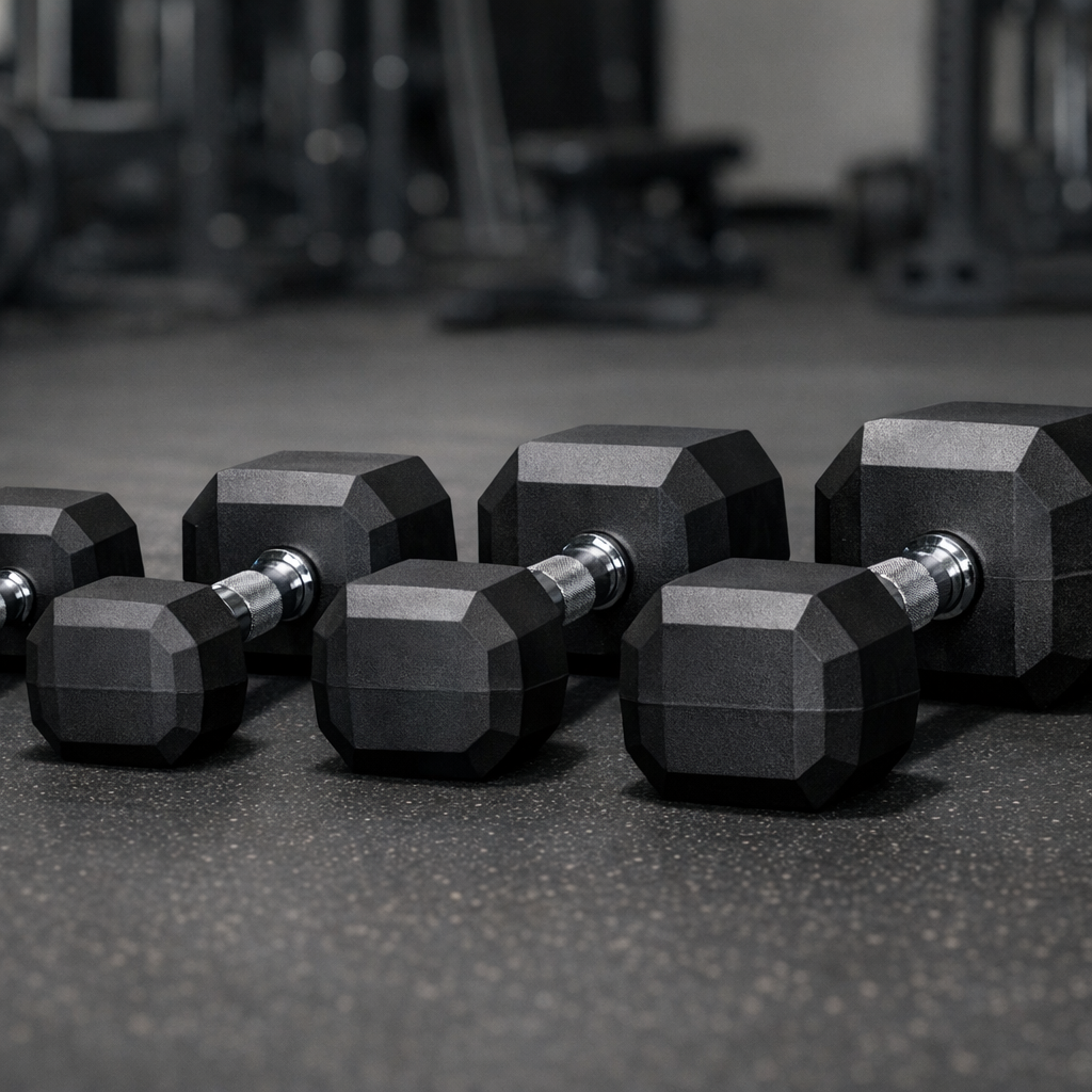 Haltères hexagonaux caoutchouc paires différents poids home gym musculation