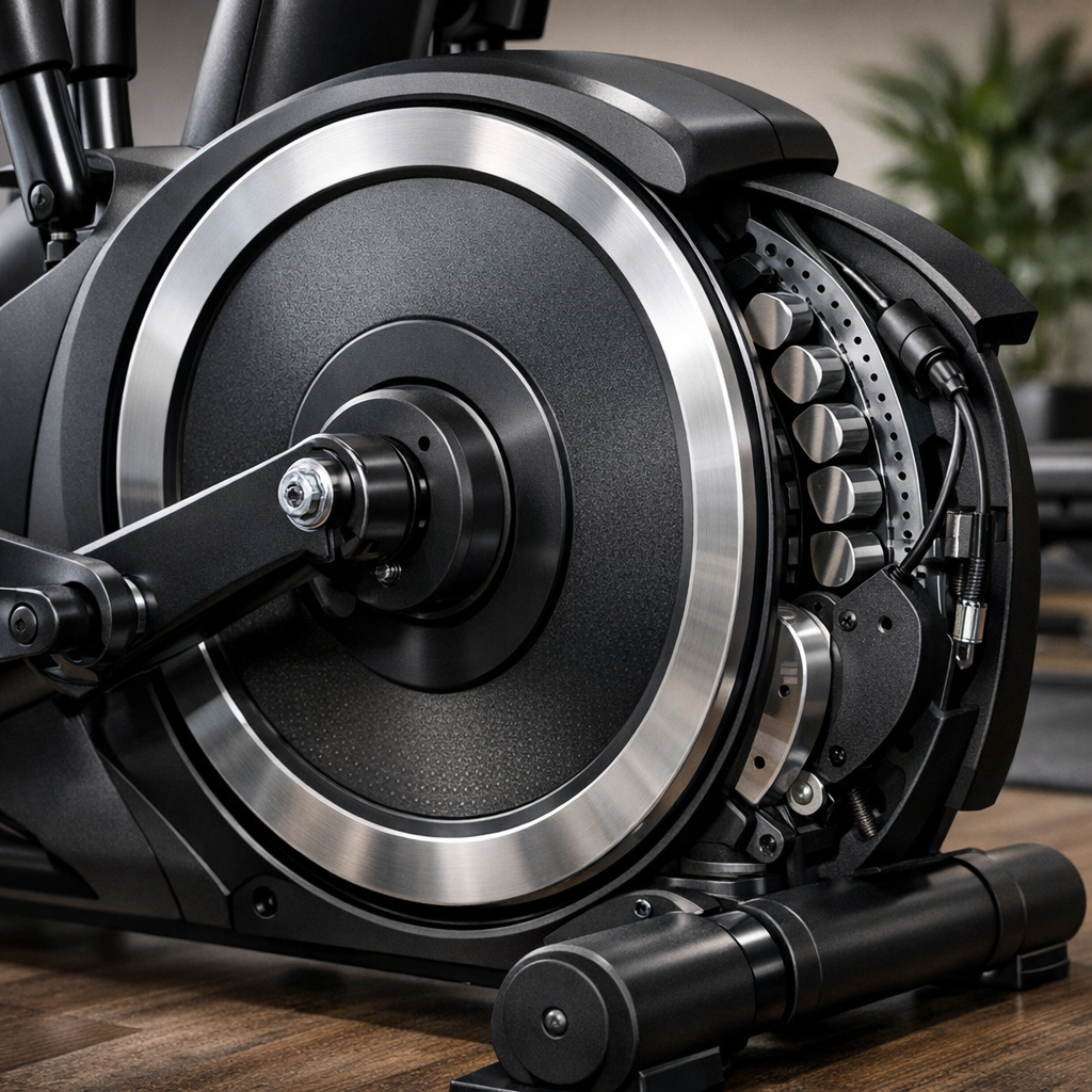Vélo elliptique détail roue d'inertie résistance magnétique